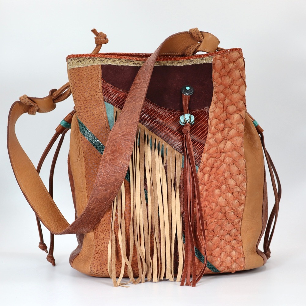 James Culver Vintage Brown Leather Bucket Bag Fringe Patchwork Western Festival